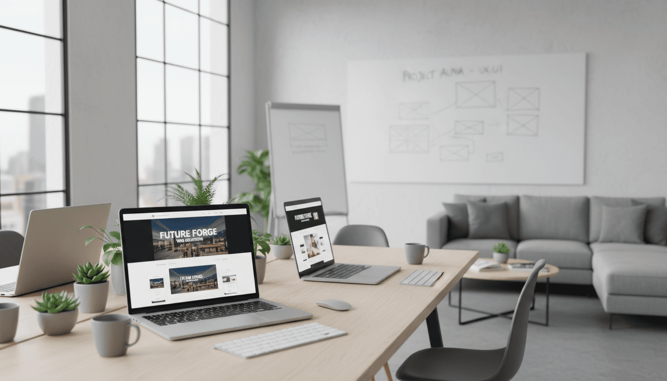 Modern workspace with laptop displaying responsive website design interface