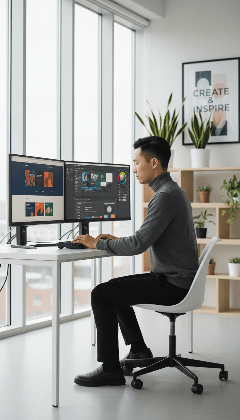 Web designer collaborating on website project at modern office workspace